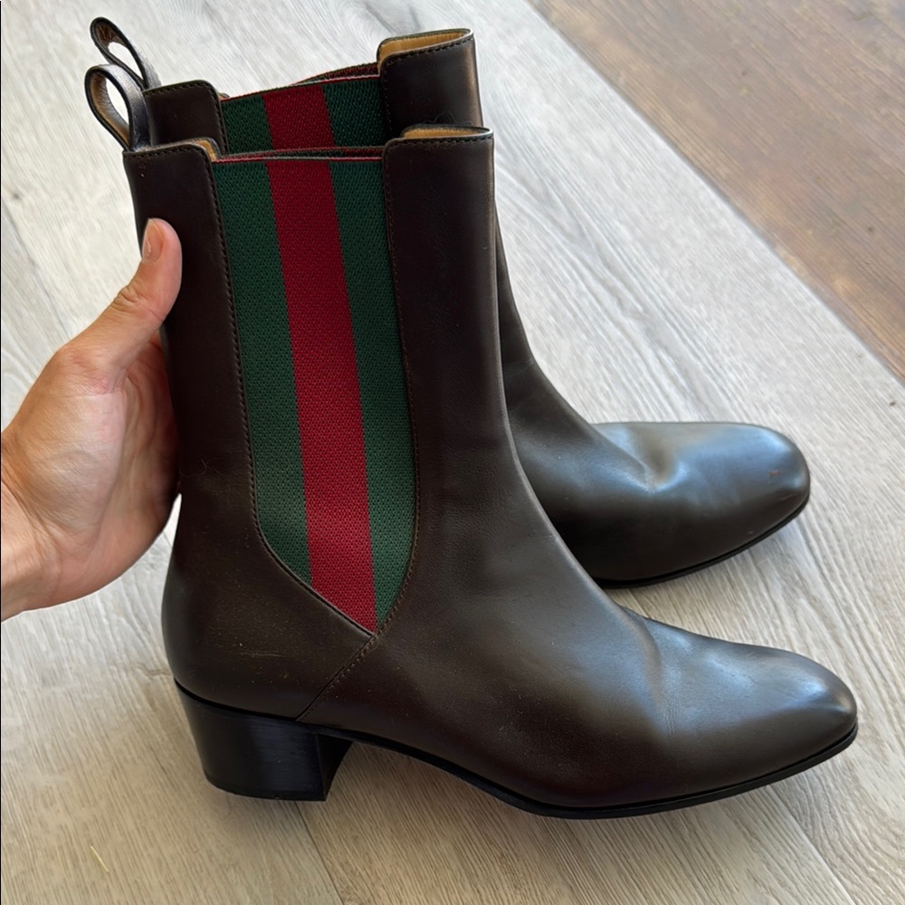 Gucci Brown Leather Boots with Green and Red Stripe